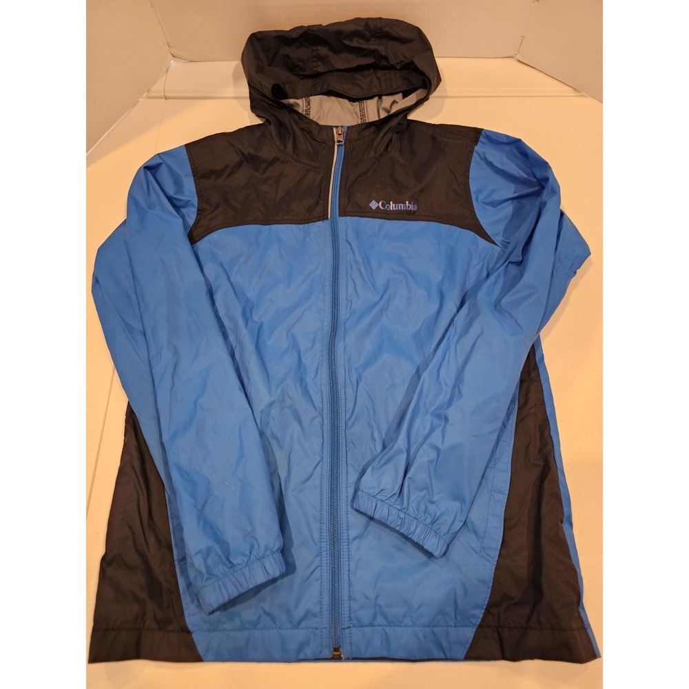 Columbia Youth Hooded Jacket Blue Black Full Zip Outdoor Rain Jacket‎
